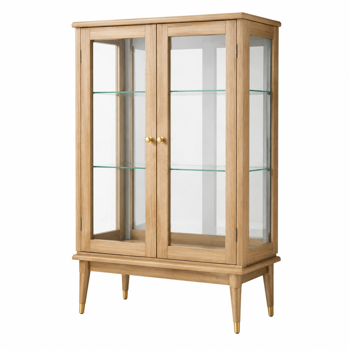 Vitrine rétro 90 x 40 x 170 cm en bois et verre, Chêne clair, Transparent et Doré, 2 portes